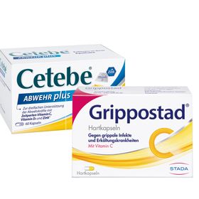 Cetebe® ABWEHR plus mit Vitamin C, Vitamin D3 und Zink + Grippostad C® bei Erkältung und grippalen Infekten
