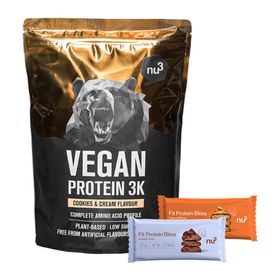 nu3 Vegan Protein 3K Shake, Cookies-Cream + Fit Protein Bites Double-Choc +	Fit Protein Bites Peanut Butter