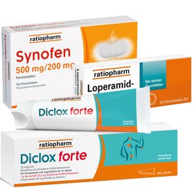 Synofen 500 mg/200 mg + Diclox forte Schmerzgel 2 % + Loperamid-ratiopharm® akut