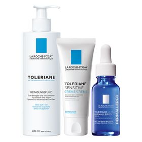 La Roche Posay Toleriane Sensitive Creme, beruhigende und hydratisierende  + La Roche-Posay Toleriane Reinigungsfluid + La Roche Posay Toleraine Ultra Dermallergo Serum