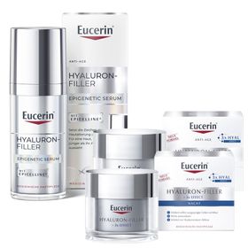 Eucerin® Hyaluron-Filler Epigenetic Serum + Eucerin® Hyaluron-Filler Tagespflege für normale Haut bis Mischhaut + Eucerin® Hyaluron-Filler Nachtpflege