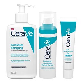 CeraVe Anti-Unreinheiten Gel + CeraVe Porentiefe Reinigung + CeraVe Hautbilderneuerndes Retinol Serum bei unebener Haut