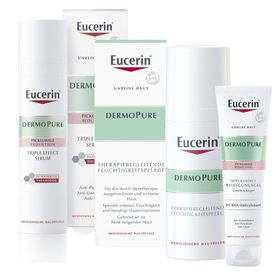 Eucerin DermoPure Triple Effect Reinigungsgel + Eucerin® Dermopure Triple Effect Serum  + Eucerin® DermoPure Therapiebegleitende Feuchtigkeitspflege - Jetzt 3€ sparen mit Code "eucerin3"