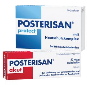 Posterisan akut Hämorrhoidensalbe (Lidocain) bei starkem Juckreiz, Schmerzen im Analbereich, 25 g Salbe + 	Posterisan protect Hämorrhoidenzäpfchen bei Reizungen, als Hautschutz und zur Prophylaxe, 10 Stk