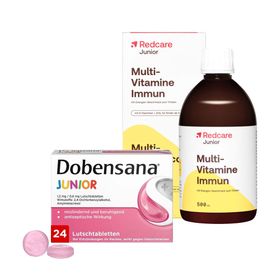 Dobensana® Junior Lutschtabletten Erdbeergeschmack bei ersten Anzeichen von​ Halsschmerzen + Redcare Junior Multi-Vitamine Immun