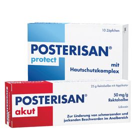 Posterisan akut Hämorrhoidensalbe (Lidocain) bei starkem Juckreiz, Schmerzen im Analbereich, 25 g Salbe + Posterisan protect Hämorrhoidenzäpfchen bei Reizungen, als Hautschutz und zur Prophylaxe, 10 Stk