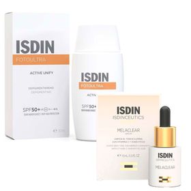 ISDIN Fotoultra Active unify Fusion Fluid LSF 50+ Sonnencreme bei Pigmentflecken + ISDIN Isdinceutics Melaclear