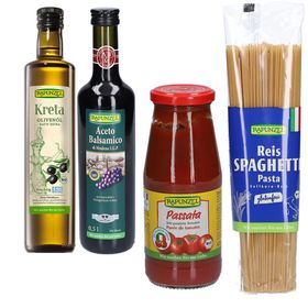 Rapunzel - Olivenöl Kreta, nativ extra + Rapunzel Aceto Balsamico di Modena + Rapunzel Reis-Spaghetti + Rapunzel Passata