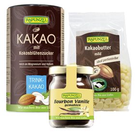 RAPUNZEL Bio Bourbon Vanille + RAPUNZEL Bio Kakao mit Kokosblütenzucker + RAPUNZEL Bio Kakaobutter mild