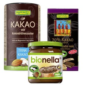 RAPUNZEL Edelbitter Schokolade 70% Kakao (Rapadura) + RAPUNZEL Bio bionella Nuss-Nougat-Creme + RAPUNZEL Bio Kakao mit Kokosblütenzucker