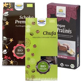 Govinda Bio Chufa-Konfekt + Govinda Bio Schokokugeln + Govinda Vegane Bio Pralinés Dattel-Marzipan