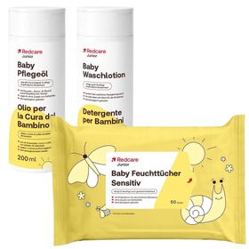 Redcare Baby Junior Feuchttücher Sensitiv + Redcare Junior Baby Waschlotion + Redcare Junior Baby Pflegeöl
