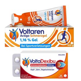 VoltaDexibu Schmerztabletten, Dexibuprofen 200 mg + Voltaren Actigo Schmerzgel mit 1% Diclofenac