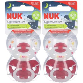 NUK Signature Night Silikon-Schnuller, kiefergerechte Form, 6-18 Monate, 2 Stück, rot und weiß