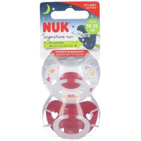 NUK Signature Night Silikon-Schnuller, kiefergerechte Form, 6-18 Monate, 2 Stück, rot und weiß