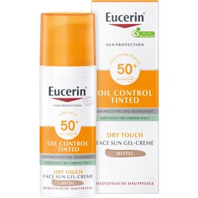 Eucerin® Oil Control Tinted Face Sun Gel-Creme mit LSF 50+ – getönter Sonnenschutz für fettige und unreine Haut – Mittel + Eucerin After Sun 50ml GRATIS