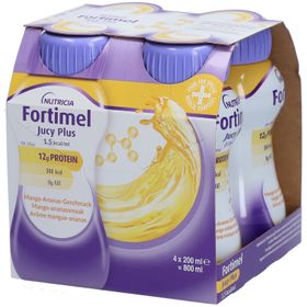 Fortimel® Jucy Plus Mango-Ananas – Hochkalorische Trinknahrung mit vielen wichtigen Nährstoffen – 300 kcal und 12 g Eiweiß pro Flasche