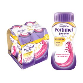 Fortimel® Jucy Plus Himbeere mit frischer Note – Hochkalorische Trinknahrung mit vielen wichtigen Nährstoffen – 300 kcal und 12 g Eiweiß pro Flasche