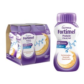 Fortimel® Protein 2 kcal Schokolade-Karamell, die eiweißreiche und hochkalorische Trinknahrung, die zudem ballaststoff- & glutenfrei, und laktosearm ist