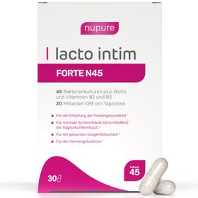 Nupure® Lacto Intim FORTE N45 – 3-in-1 Nahrungsergänzung für weibliche Intimgesundheit mit 45 Milchsäurebakterienstämmen, Vitaminen B2, B3, Biotin, Chicorée- & Haferextrakt, 20 Milliarden KBE, vegane Kapseln