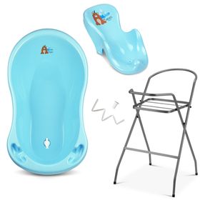 Babykajo 4 Set Baby Badewanne mit Gestell + Wanneneinsatz + Abfluss.