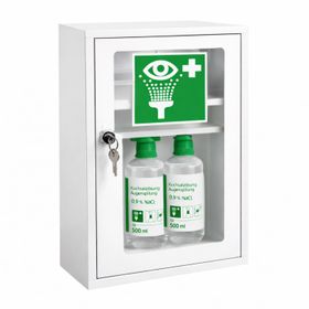 FAP First Aid Products Augenspülschrank mit 2x NaCl 0,9% (500 ml) - Metall, abschließbar, weiß