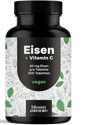 Bloom Naturals Eisen Vitamin C Tabletten 40 mg Hochdosiert - 200 Tabletten - 7 Monate Vorrat