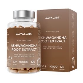 Aavalabs Bio Ashwagandha Kapseln KSM 66 | Gegen Stress & Angstzustände | 1-Monats-Vorrat