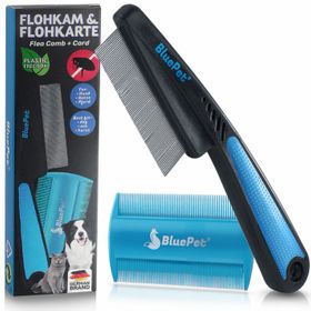 BluePet Flohkamm Hund Katze, Läusekamm, Nissenkamm, Hundekamm Katzenkamm mit Flohkarte für unterwegs
