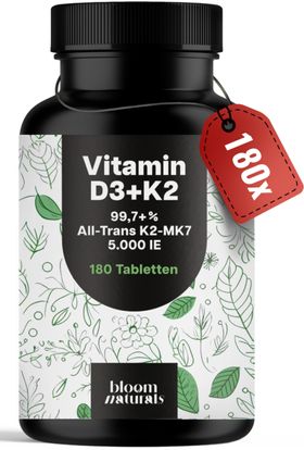 Vitamin D3 K2 - 180 Tabletten - 5000 IE & K2-MK7 - Bloom Naturals®