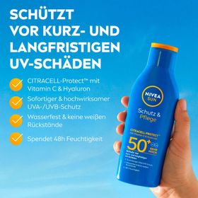 NIVEA SUN Schutz & Pflege Sonnenlotion LSF 50 mit CitraCell-Protect - Jetzt 5€ Rabatt mit dem Code nivea5*