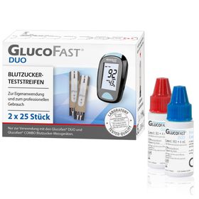 Glucofast Duo Blutzucker-Teststreifen und Kontrolllösung im Kombiset