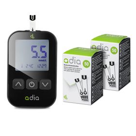 adia Diabetes-Set: Blutzuckermessgerät (mmol/L) mit 110 Blutzuckerteststreifen