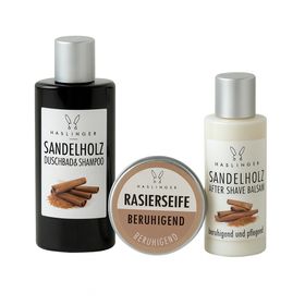 Haslinger Geschenkset Sandelholz – Duschbad & Shampoo, After Shave Balsam & Rasierseife