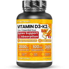 Vitastrong Vitamin D3 + K2 - 365 Tabletten, Unterstützung für Knochen, Zähne und Immunsystem