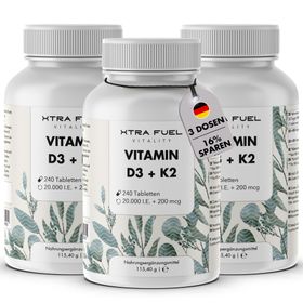 XTRA FUEL Vitamin D3 + K2 Tabletten - hochdosierte 20.000 I.E. + 200mcg MK-7