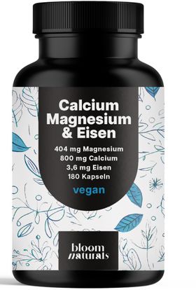 Bloom Naturals Calcium Magnesium & Eisen Kapseln Hochdosiert - 180 Kapseln - 30 Tage Vorrat