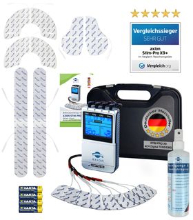 axion® 4 Kanal TENS EMS Kombigerät STIM-PRO X9+ mit Spray und Rückenelektrodenset