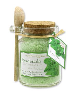 Badesalz Zitronenmelisse mit Bio-Schafmilch Glas mit Holzlöffel