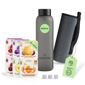 waterdrop® Starter Set Glass – 600ml Glasflasche + 18 Würfel – Vitamine, vegan, zuckerfrei