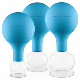 Pulox Schröpfgläser aus Echtglas mit Saugball - Set Trio klein in Blau: 25mm, 32mm, 40mm