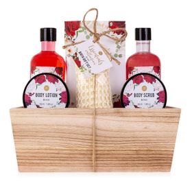 Geschenkset Duschset Wellness Badesalz Damen Rose in Holzkorb