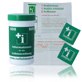 Notfalldose SOS mit individual Notfall-Infoblatt und 2 Aufklebern