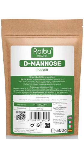 D-Mannose Pulver 500g, Natürlich und Vegan, 125 Tage Versorgung - RAIBU