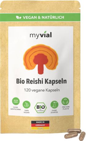 myvial® Bio Reishi Kapseln - reines Fruchtkörperpulver des Reishi-Pilzes - 800 mg hochdosiert