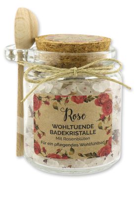 Florex Badesalz Rose grob mit Schafmilch im dekorativen Glas mit Holzlöffel