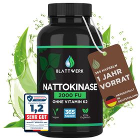 Nattokinase 2000 FU - JAHRESVORRAT - 365 Kapseln je 100mg (20.000 FU/g) - Deutsche Marke - BLATTWERK