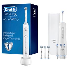 Oral-B - 2tlg.: Elektrische Zahnbürste "Genius X" + Munddusche "AquaCare 6" in Weiß