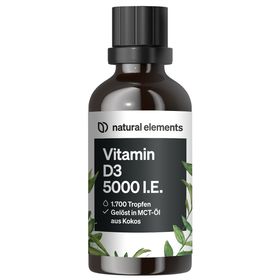 natural elements Vitamin D3 - Laborgeprüfte 5000 I.E./Tropfen - 50ml 1700 Tropfen - MCT-Öl aus Kokos