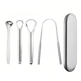 COOL-i Edelstahl Zungenreiniger Set, 4 Zungenschaber, wiederverwendbar für tägliche Mundhygiene